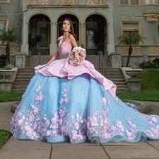 Sky Blue Quinceanera Dresses Ball Gown Off Shoulder Applique Flower Tull Sweet16