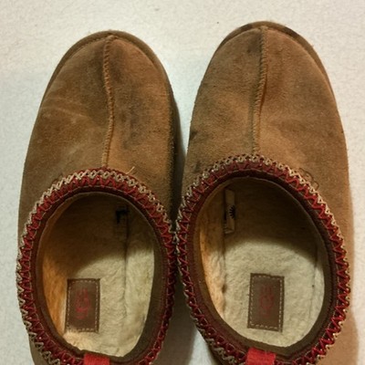 UGG Women's Brown Suede Slip-On Slippers Red Trim Shearling Lined