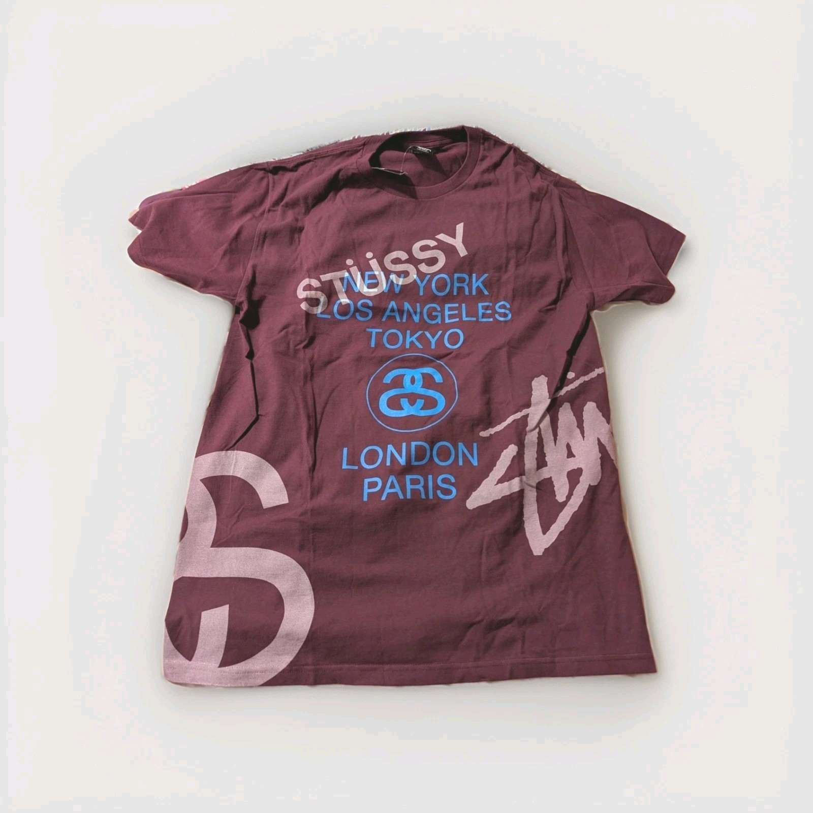 Stussy Big World Tour Tee 'Eggplant'(Burgundy) Size Large Brand New With Tags thumbnail 4