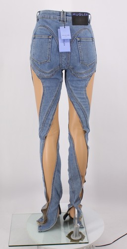 JEAN FEMME MUGLER SHEER PANEL TWIST FR 36 / UK 8 BLEU PRIX DE VENTE CONSEILLÉ 650 £ ANNONCE - Photo 3/11