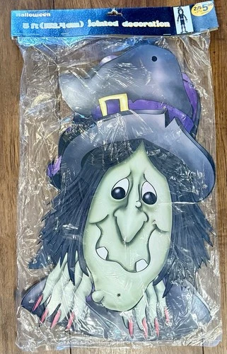 Vintage Halloween Paper Jointed green Witch 5 Ft tall hanging Decoration NEW