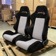 2x Left Right Reclinable Racing Seats Suede Black White Plaid Adjustor Slider