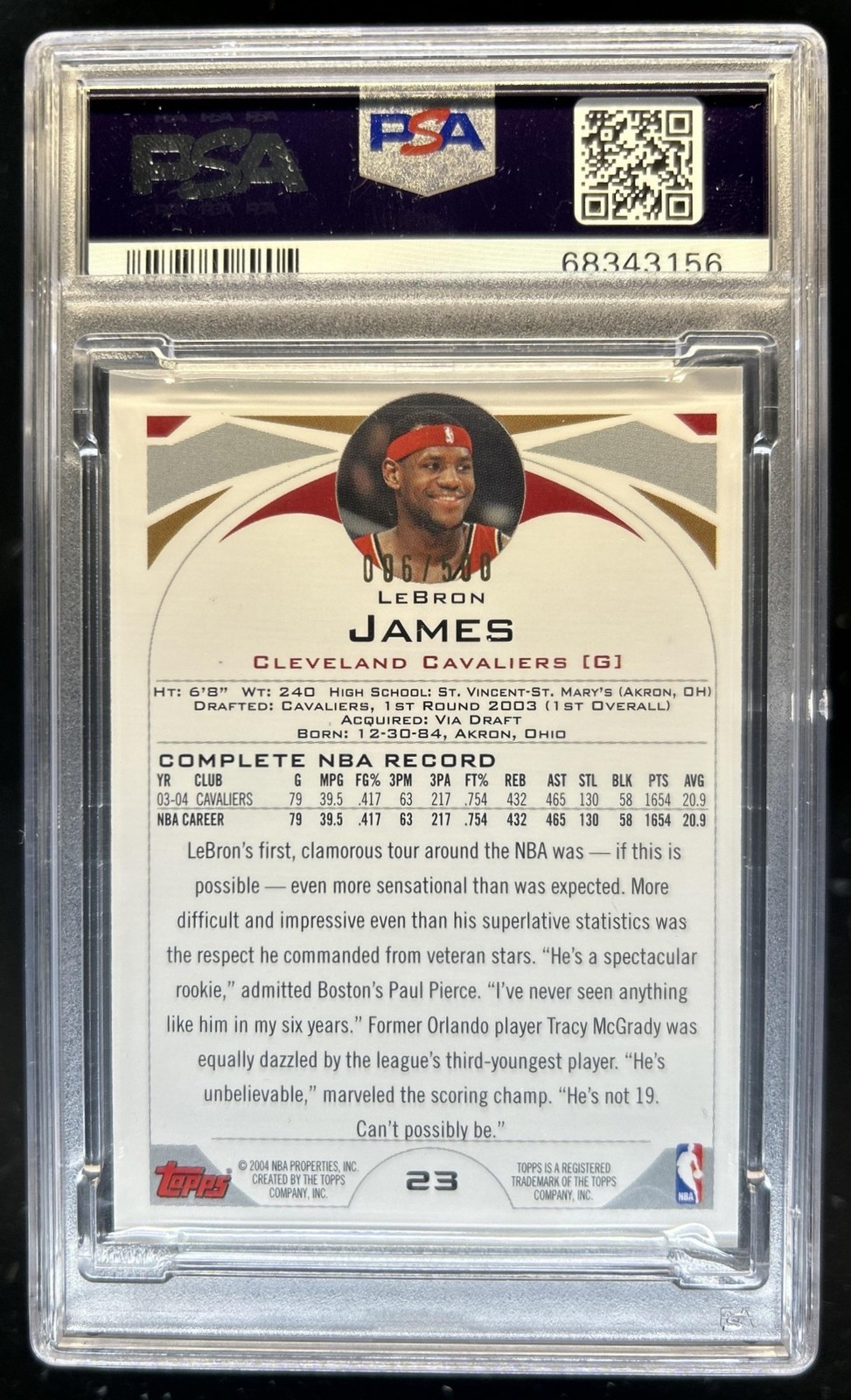 2004-05 Topps LeBron James Black #/500 Cavaliers PSA 7 view 2