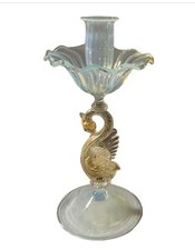 Salviati Murano 1920s Mouth Blown Glass With Gold Aventurine Swan Candlestick