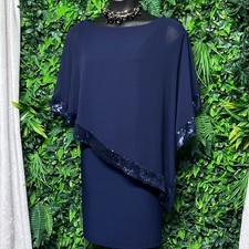 Xscape Dress 20W Navy Blue Sequin Trim Chiffon Cape Overlay Sheath Formal 3954
