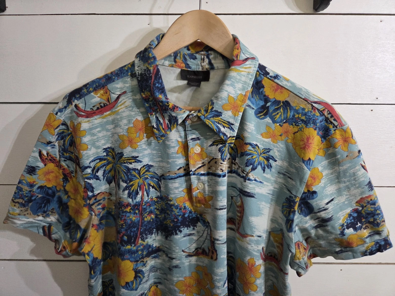 VTG Express Hawaiian Mens Polo Shirt Size XL Button Casual Made In Macau Rare