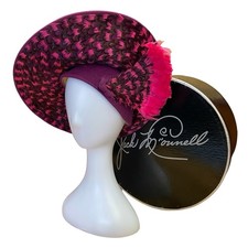 1960s Jack McConnell Tilt Hat Fuchsia Velour w/ Feather Trim Box