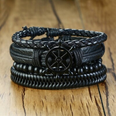Fashion Men Real Leather Bracelet Wristband Bangle Punk Beaded