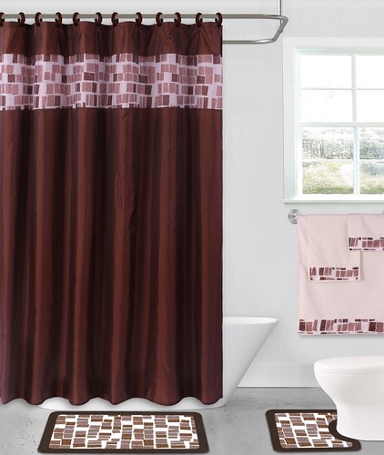 COMPLETE BATHROOM SET 2 BATH MATS 1 SHOWER CURTAIN &FABRIC HOOKS PRINTED DESIGNS - 第 20/26 張圖片