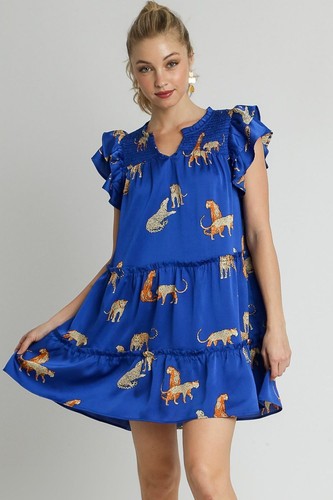 Umgee Full Size Cheetah Print Notched Ruffle Layered Cap Sleeve Mini Dress Plus - Picture 2 of 9