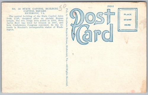 Vtg Richmond Virginia VA State Capitol Building Square 1920s View Old Postcard - Picture 2 of 2