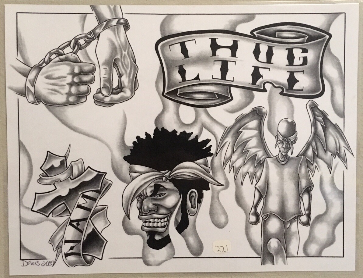 Tattoo Flash Single Sheet Print by Davis Thug Life Gangster