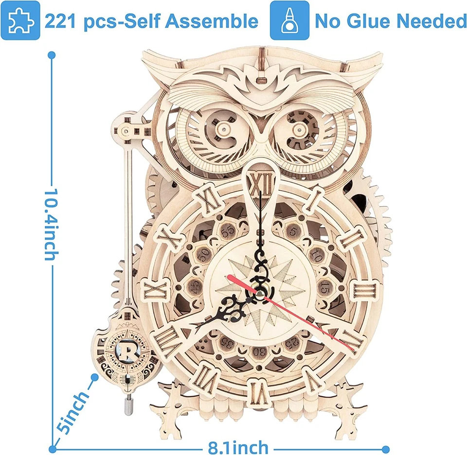 ROKR сделай сам механическая деревянная 3D-пазл сова часы строительные игрушки декор рождественские подарки - Изображение 4 из 4