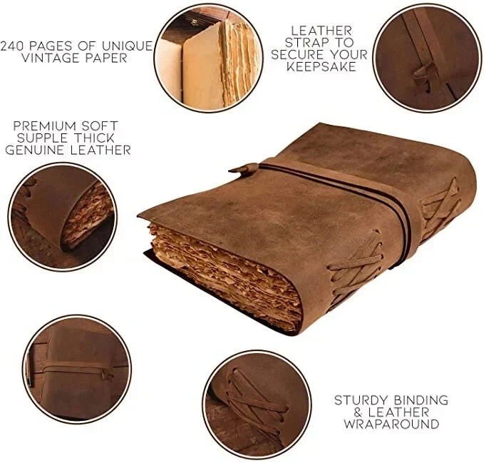 Diario de cuero puro A5 | 200 páginas vintage | Diario de viaje de cuero hecho a mano Foto 2 de 4