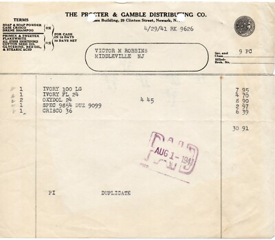 4/29/1941 Procter & Gamble Distributing Co. original paper invoice