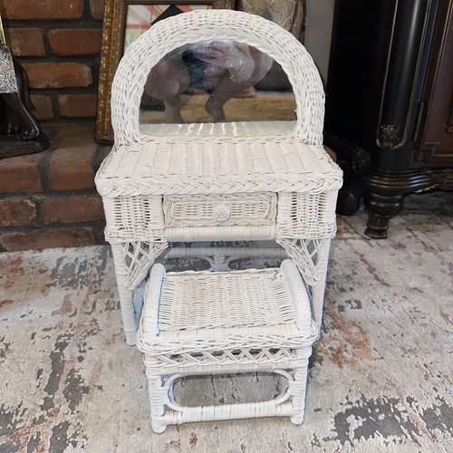 Vtg White Wicker Doll Makeup Vanity Dresser Table with Mirror & Bench Seat Chair