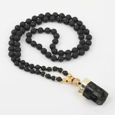 Natural Black Tourmaline Pendant 8mm Black Lava Beads Knot Handmade Necklace