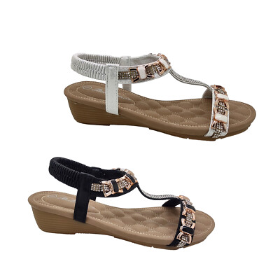 Bellissimo Araya Ladies Sandals Slingback Wedge Sole Diamonte Metallic Trim