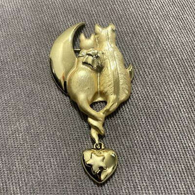 AJC Cattails Cat Brooch Moonlight Cats Cuddling on Moon Gold Tone