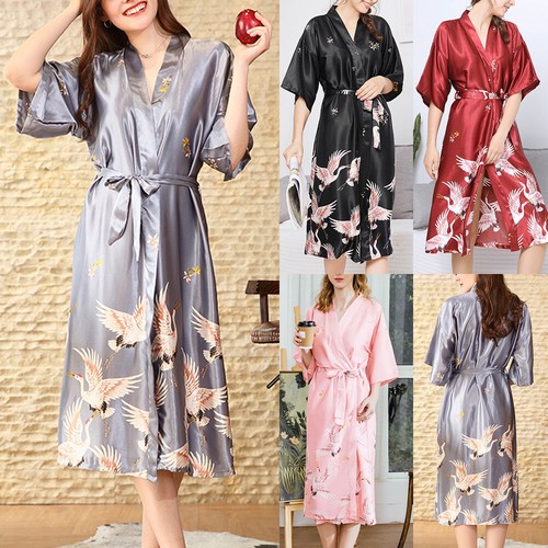 Women Silk Satin Kimono Long Robe 