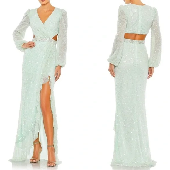 ハンドメイドつ Mac Duggal 5745 Mint Green Sequined V Neck Cut Out Long Sleeve
