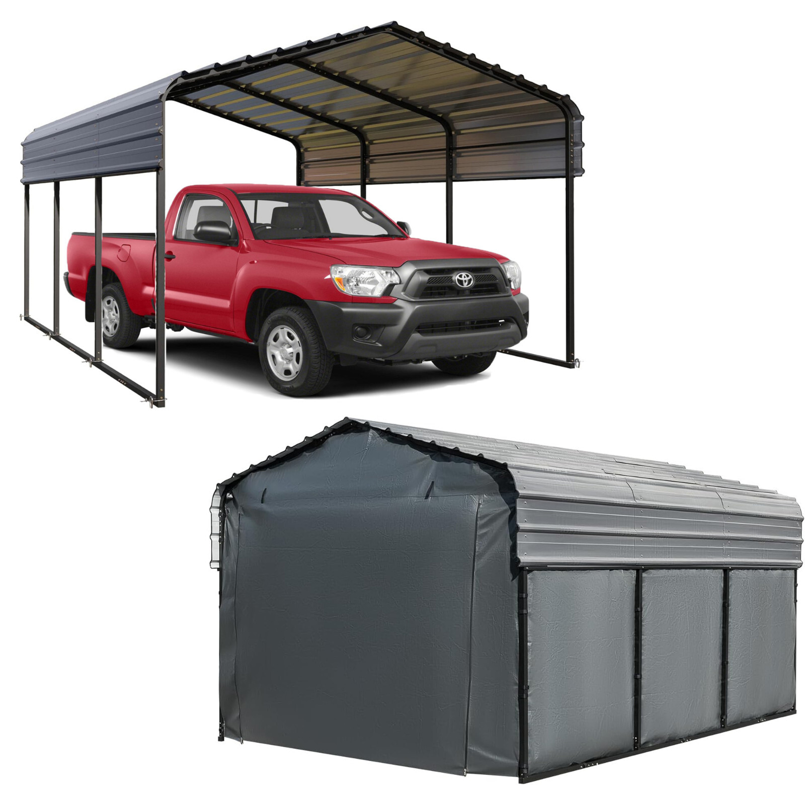 10' x 15' Gray Outdoor Carport Heavy Duty Metal Canopy Car Shelter with Sidewall
