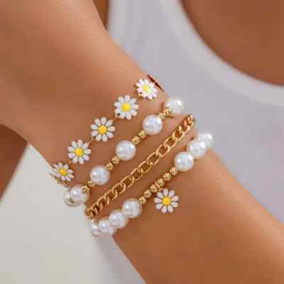 4pc Delicate Daisy Faux Pearl Bracelet Set Golden Toned Girl Women's Fashion