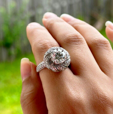 3 CT Round Cut Moissanite Twisted Halo Engagement Ring For Her 14K White Gold