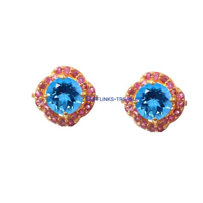 Natural Blue topaz & Pink CZ Stones 925 Sterling Silver Gold Plated Cufflinks #5