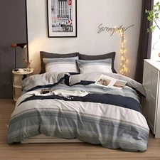  Stripes Geometric Duvet Cover Cotton Aesthetic Full B1# Blue & Grey Striped