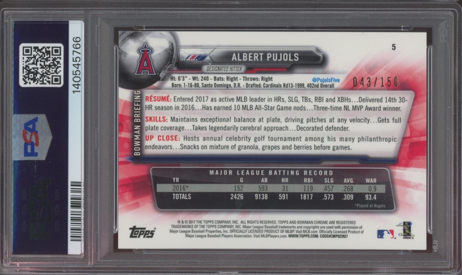 2017 Bowman Chrome Blue Refractor #5 Albert Pujols /150 Gem Mint PSA 10 view 2