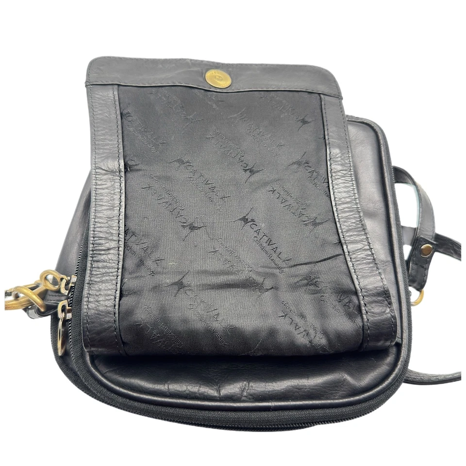 Catwalk Collection Black Leather Crossbody Bag - Dual Zip Pockets Brass Hardware - Image 4 of 4