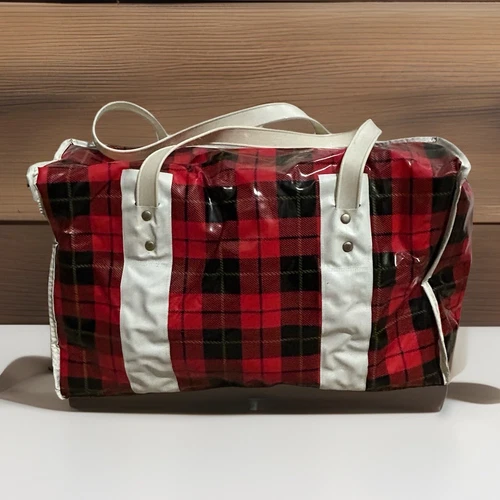 Vintage 1970s Red Tartan Plaid Vinyl Insulated Picnic Bag Soft 8x14
