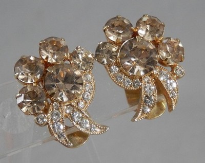 Vintage Signed Eisenberg Ice Champagne & White Rhinestone Clip Earrings J2100