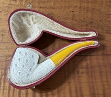 Vintage Block Meerschaum Pipe~Lattice Billiard Bent Stem W/Leather Case 366