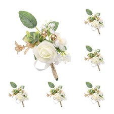 6pcs White Rose Boutonnieres for Men Groom Groomsmen Bride