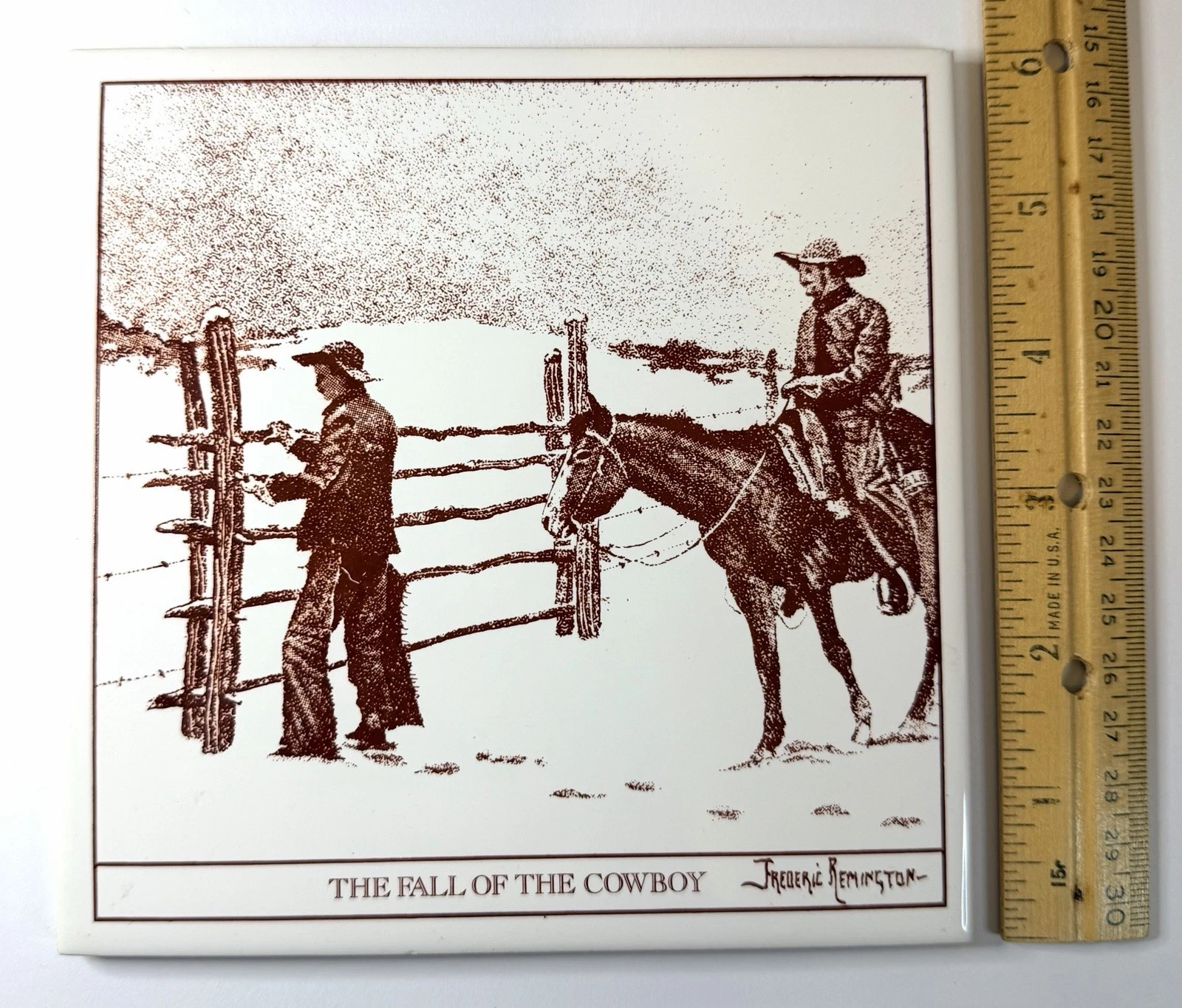 HTF Vintage Frederick Remington Ceramic Tile Trivet 6” Square Western Cowboy image 2