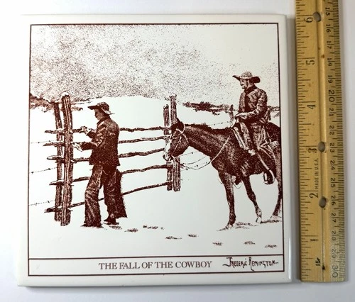 HTF Vintage Frederick Remington Ceramic Tile Trivet 6” Square Western Cowboy image 2