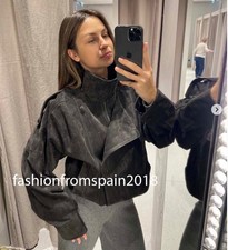 ZARA NEW WOMAN 100 SUEDE BIKER JACKET COVERED BUTTONS CHARCOAL 4341/792/822