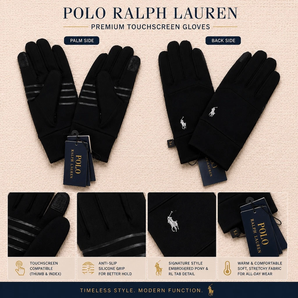 Polo Ralph Lauren Touchscreen Gloves Black Large Pony Logo NWT Winter