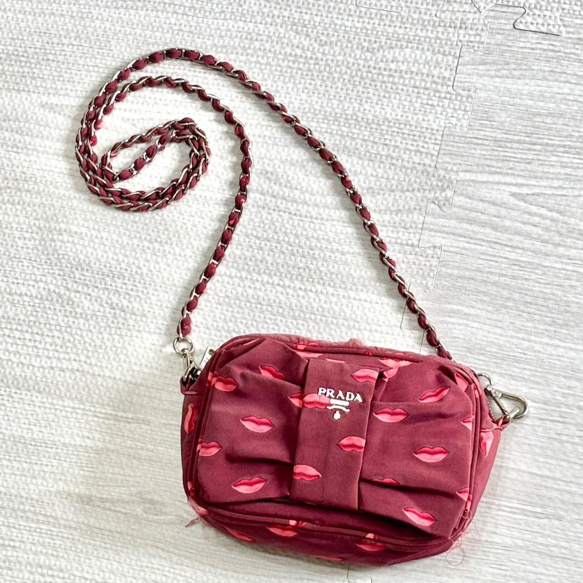 Auth PRADA ribbon Shoulder Bag Crossbody Pouch Red Lip Kiss patern