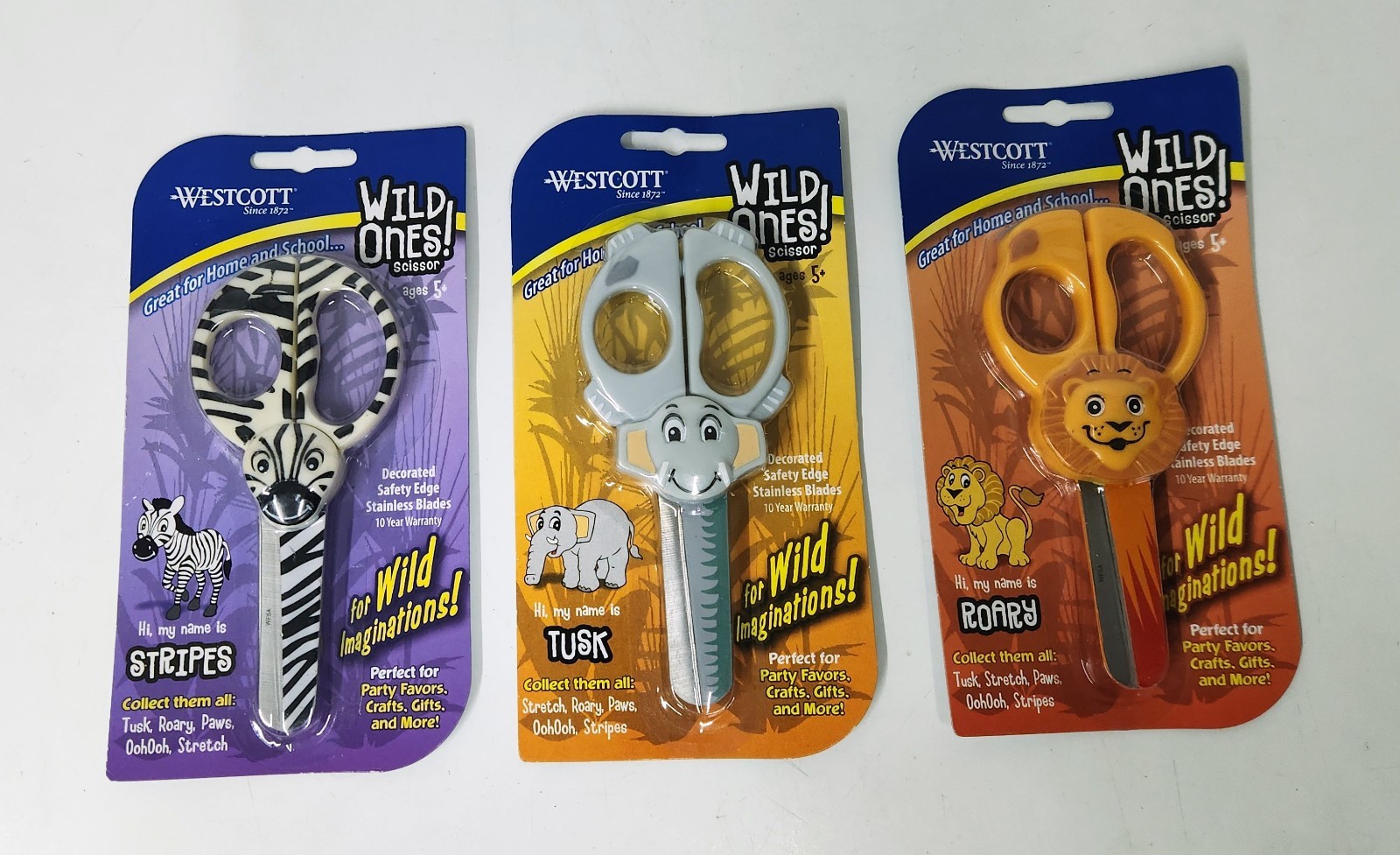 3 Pairs of Westcott Animal Wild Ones Kids Child Safety Scissors 5"" Lion, Zebra