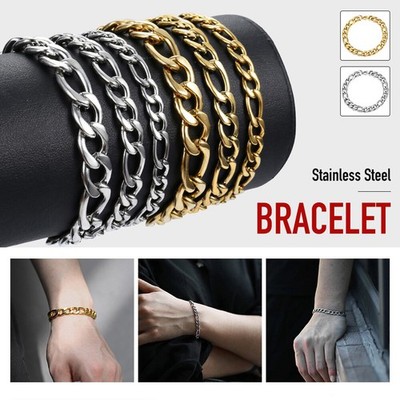 3/5/7/9mm Gold Plated Stainless Steel Figaro Link Chain Bracelet Men Women Jewel