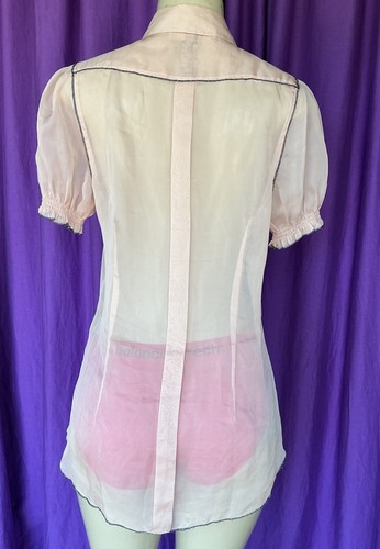 TWELVE BY TWELVE Peach/Navy Blue Ruffle Placket Puff-Sleeved Blouse Size M *Flaw - Picture 4 of 9