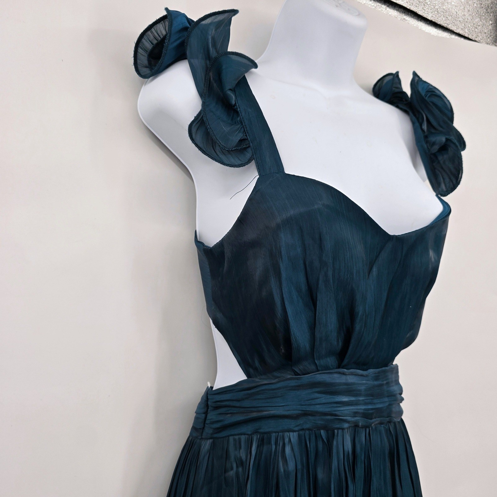 Lulus Women's Pristine Glow Teal Blue Ruffled Shoulder Maxi Dress Tie Back Gown