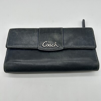 Coach Signature Leather Wallet Trifold Blue Checkbook Holder Zipper Snap