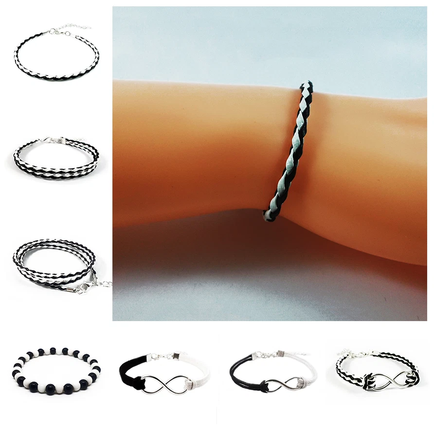 Bracciale Bianco e Nero Corda Cuoio pelle Perle Infinito braccialetto Uomo Donna - Immagine 2 di 2