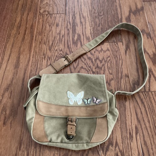 LL BEAN Canvas & Leather Cross Body Saddle Messenger Bag Khaki Butterfly Patches