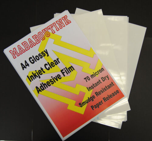 5 feuilles de film adhésif adhésif transparent imprimable jet d'encre A4 70 microns - Photo 1 sur 1