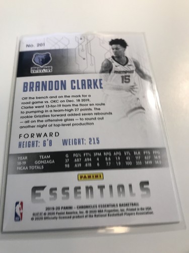 2019-20 Chronicles Brandon Clarke Essentials Bronze Rookie RC #201 - Picture 2 of 2